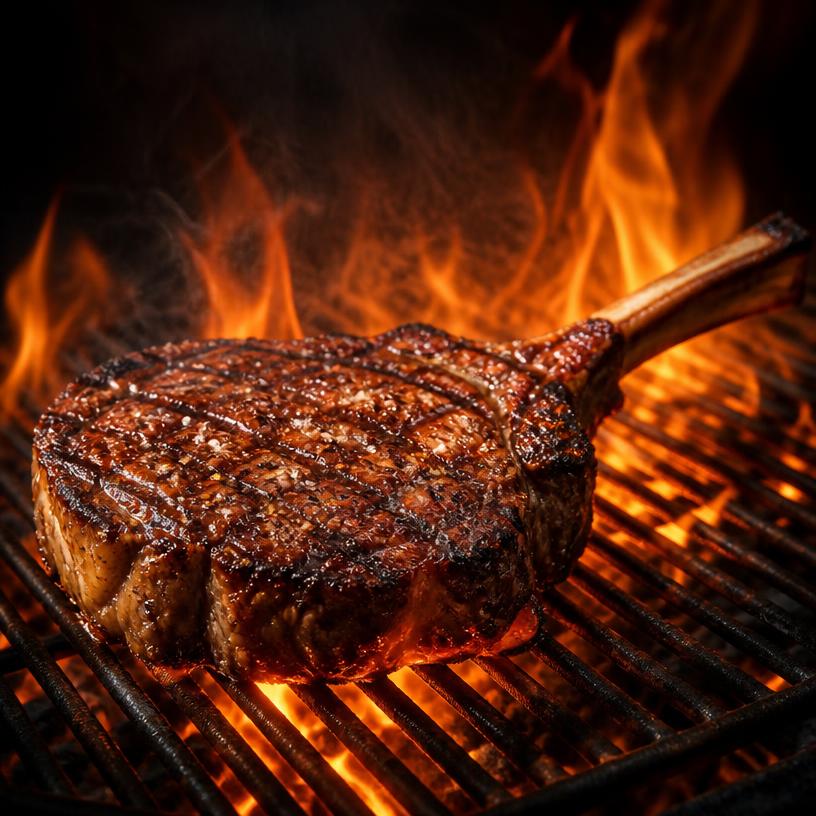 Tomahawk na grelha em chamas